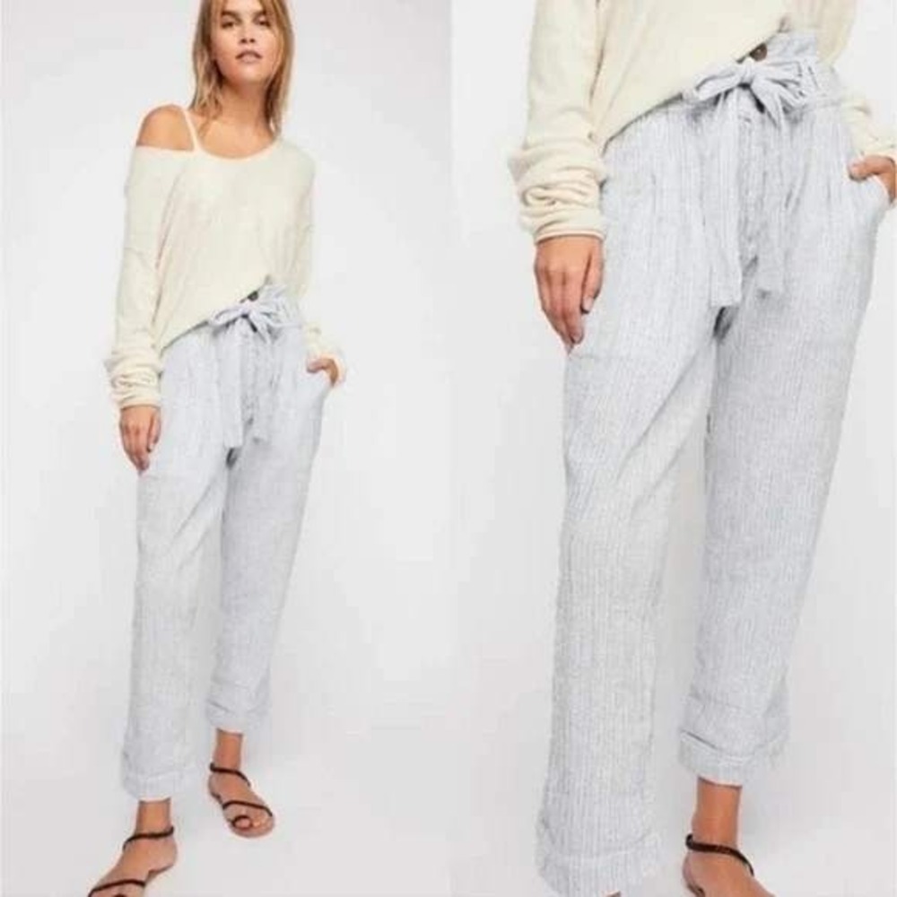 Free People Striped Paperbag Waist Tapered Pants Blue White Cotton Size 2